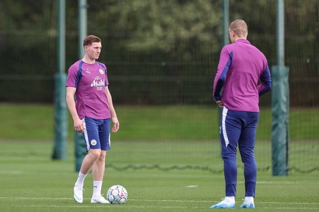Elliot Anderson of Manchester City and Erling Haaland of Manchester City in the training session during the UEFA Champions League press conference and open training Matchday 2 of 8 Manchester City vs Paris Saint-Germain at City Football Academy, Manchester, United Kingdom on 13 October 2026

(Photo by Mark Cosgrove/News Images)