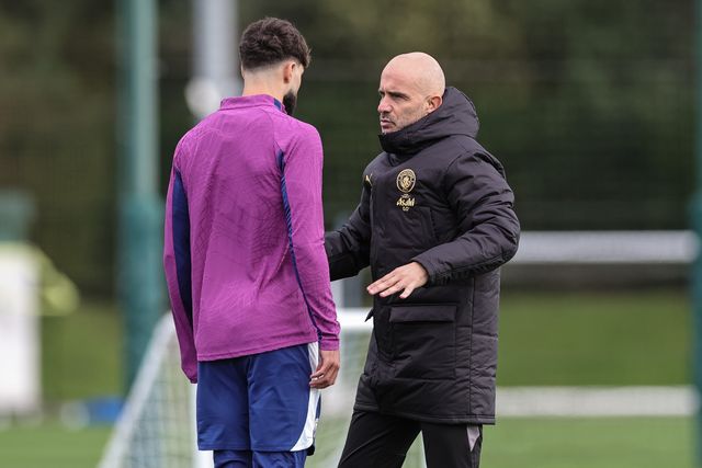 Enzo Maresca manager of Manchester City speaks to Josko Gvardiol of Manchester City during the UEFA Champions League press conference and open training Matchday 2 of 8 Manchester City vs Paris Saint-Germain at City Football Academy, Manchester, United Kingdom on 13 October 2026

(Photo by Mark Cosgrove/News Images)