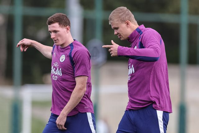 Elliot Anderson of Manchester City and Erling Haaland of Manchester City in the training session during the UEFA Champions League press conference and open training Matchday 2 of 8 Manchester City vs Paris Saint-Germain at City Football Academy, Manchester, United Kingdom on 13 October 2026

(Photo by Mark Cosgrove/News Images)