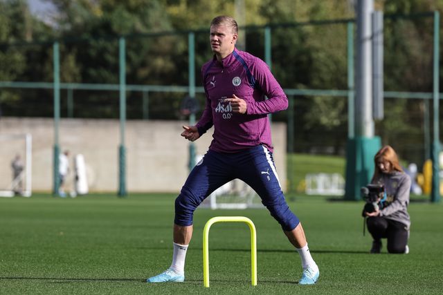 Erling Haaland of Manchester City in the training session during the UEFA Champions League press conference and open training Matchday 2 of 8 Manchester City vs Paris Saint-Germain at City Football Academy, Manchester, United Kingdom on 13 October 2026

(Photo by Mark Cosgrove/News Images)