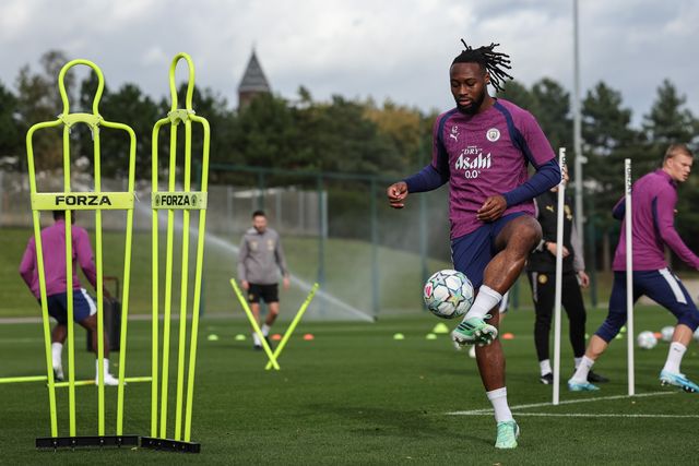 Antoine Semenyo of Manchester City in the training session during the UEFA Champions League press conference and open training Matchday 2 of 8 Manchester City vs Paris Saint-Germain at City Football Academy, Manchester, United Kingdom on 13 October 2026

(Photo by Mark Cosgrove/News Images)