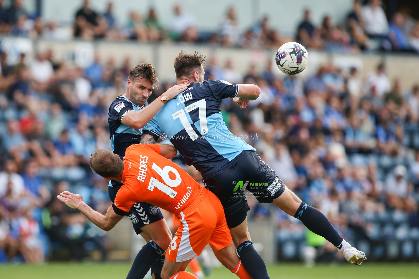 Jordan Rhodes #16 of Blackpool  is crowded out during the Sky Bet League 1 match Wycombe Wanderers vs Blackpool at Adams Park, High Wycombe, United Kingdom, 16th September 2023

(Photo by Arron Gent/News Images)