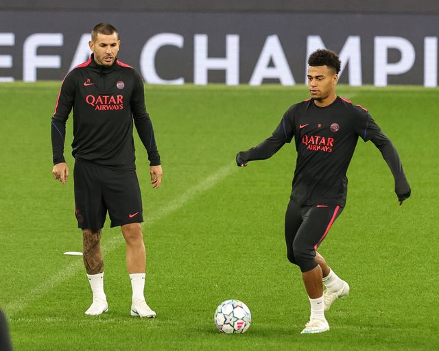 Lucas Hernandez of Paris Saint-Germain and Desire Doue of Paris Saint-Germain during the UEFA Champions League press conference and open training Matchday 2 of 8 Manchester City vs Paris Saint-Germain at City Football Academy, Manchester, United Kingdom on 13 October 2026

(Photo by Mark Cosgrove/News Images)
