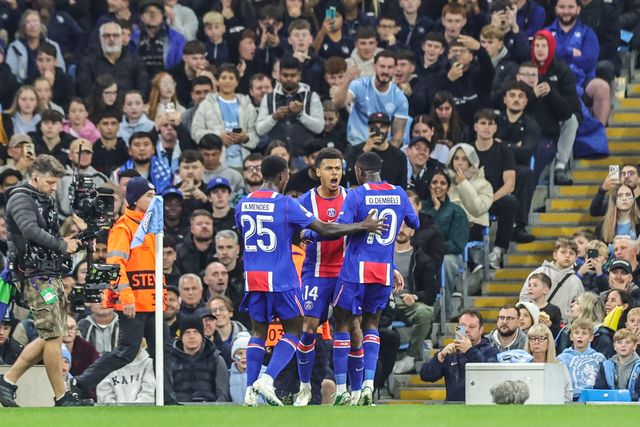 Desire Doue of Paris Saint-Germain celebrates his goal to make it 1-0 during the UEFA Champions League Matchday 2 of 8 match Manchester City vs Paris Saint-Germain at City of Manchester Stadium, Manchester, United Kingdom on 14 October 2026

(Photo by Mark Cosgrove/News Images)
