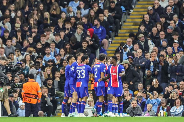 Ousmane Dembele of Paris Saint-Germain celebrates his goal to make it 2-0 during the UEFA Champions League Matchday 2 of 8 match Manchester City vs Paris Saint-Germain at City of Manchester Stadium, Manchester, United Kingdom on 14 October 2026

(Photo by Mark Cosgrove/News Images)