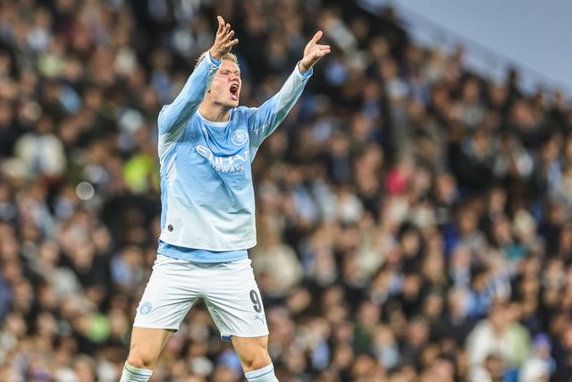 Erling Haaland of Manchester City reacts during the UEFA Champions League Matchday 2 of 8 match Manchester City vs Paris Saint-Germain at City of Manchester Stadium, Manchester, United Kingdom on 14 October 2026

(Photo by Mark Cosgrove/News Images)