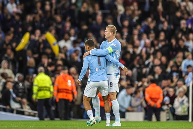 Erling Haaland of Manchester City celebrates his goal to make it 1-3 during the UEFA Champions League Matchday 2 of 8 match Manchester City vs Paris Saint-Germain at City of Manchester Stadium, Manchester, United Kingdom on 14 October 2026

(Photo by Mark Cosgrove/News Images)