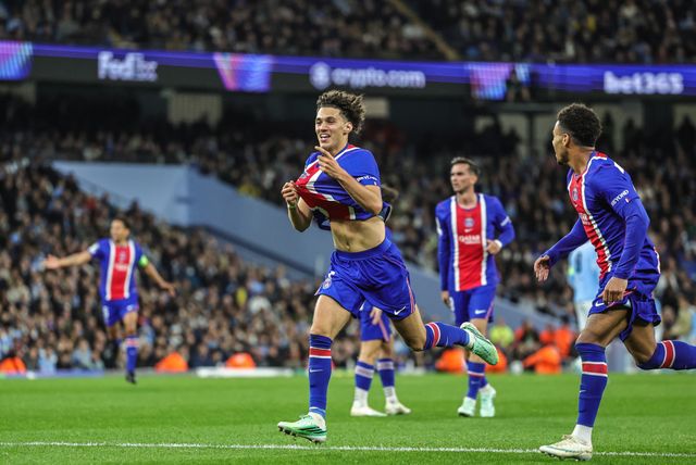 Maghnes Akliouche of Paris Saint-Germain celebrates his goal to make it 1-4 during the UEFA Champions League Matchday 2 of 8 match Manchester City vs Paris Saint-Germain at City of Manchester Stadium, Manchester, United Kingdom on 14 October 2026

(Photo by Mark Cosgrove/News Images)