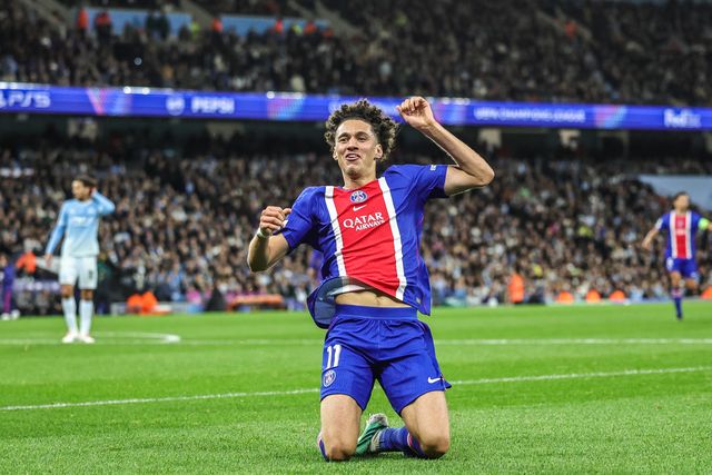 Maghnes Akliouche of Paris Saint-Germain celebrates his goal to make it 1-4 during the UEFA Champions League Matchday 2 of 8 match Manchester City vs Paris Saint-Germain at City of Manchester Stadium, Manchester, United Kingdom on 14 October 2026

(Photo by Mark Cosgrove/News Images)