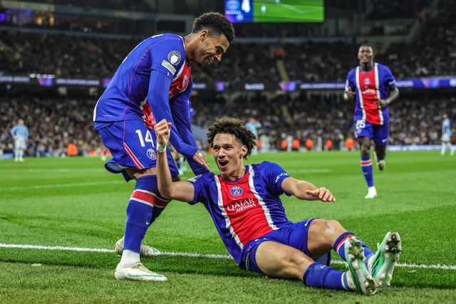Maghnes Akliouche of Paris Saint-Germain celebrates his goal to make it 1-4 during the UEFA Champions League Matchday 2 of 8 match Manchester City vs Paris Saint-Germain at City of Manchester Stadium, Manchester, United Kingdom on 14 October 2026

(Photo by Mark Cosgrove/News Images)