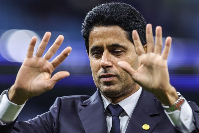 PSG President Nasser Al-Khelaifi calms the fans after the game during the UEFA Champions League Matchday 2 of 8 match Manchester City vs Paris Saint-Germain at City of Manchester Stadium, Manchester, United Kingdom on 14 October 2026

(Photo by Mark Cosgrove/News Images)