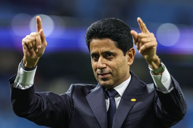 PSG President Nasser Al-Khelaifi calms the fans after the game during the UEFA Champions League Matchday 2 of 8 match Manchester City vs Paris Saint-Germain at City of Manchester Stadium, Manchester, United Kingdom on 14 October 2026

(Photo by Mark Cosgrove/News Images)