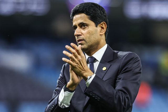 PSG President Nasser Al-Khelaifi calms the fans after the game during the UEFA Champions League Matchday 2 of 8 match Manchester City vs Paris Saint-Germain at City of Manchester Stadium, Manchester, United Kingdom on 14 October 2026

(Photo by Mark Cosgrove/News Images)