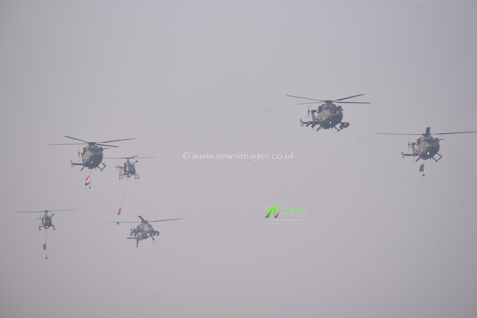 Indian Air force helicorters formation during the Indian Army Vijay Diwas in Kolkata, India, on Monday, Dec. 16, 2024. Pictures by Debajyoti Chakraborty.'Vijay Diwas' is celebrated annually on December 16 to honor the victory of Indian armed forces over Pakistan in the 1971 Bangladesh liberation war.(Photo: Debajyoti Chakraborty/News Images)