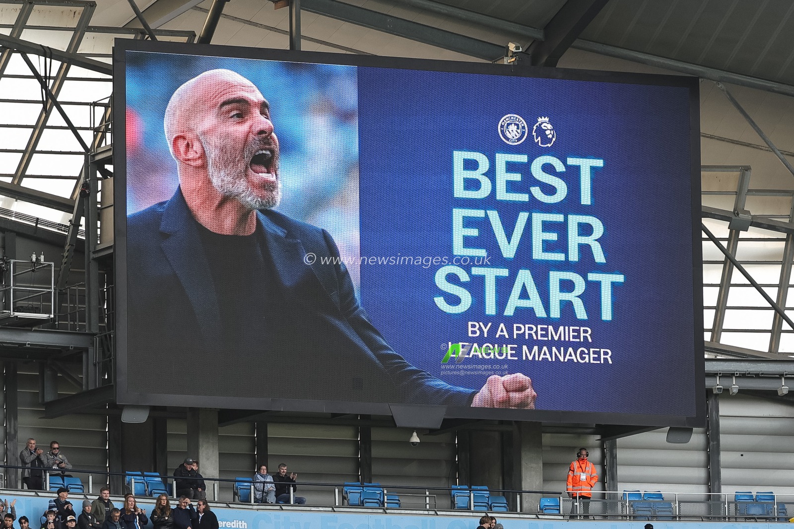 Enzo Maresca manager of Manchester City Best ever start by a Premier League manager as he wins the first seven (7) games is displayed on the stadiums large LCD screens during the Premier League match Manchester City vs Ipswich Town at Etihad Stadium, Manchester, United Kingdom on 17 October 2026

(Photo by Mark Cosgrove/News Images)