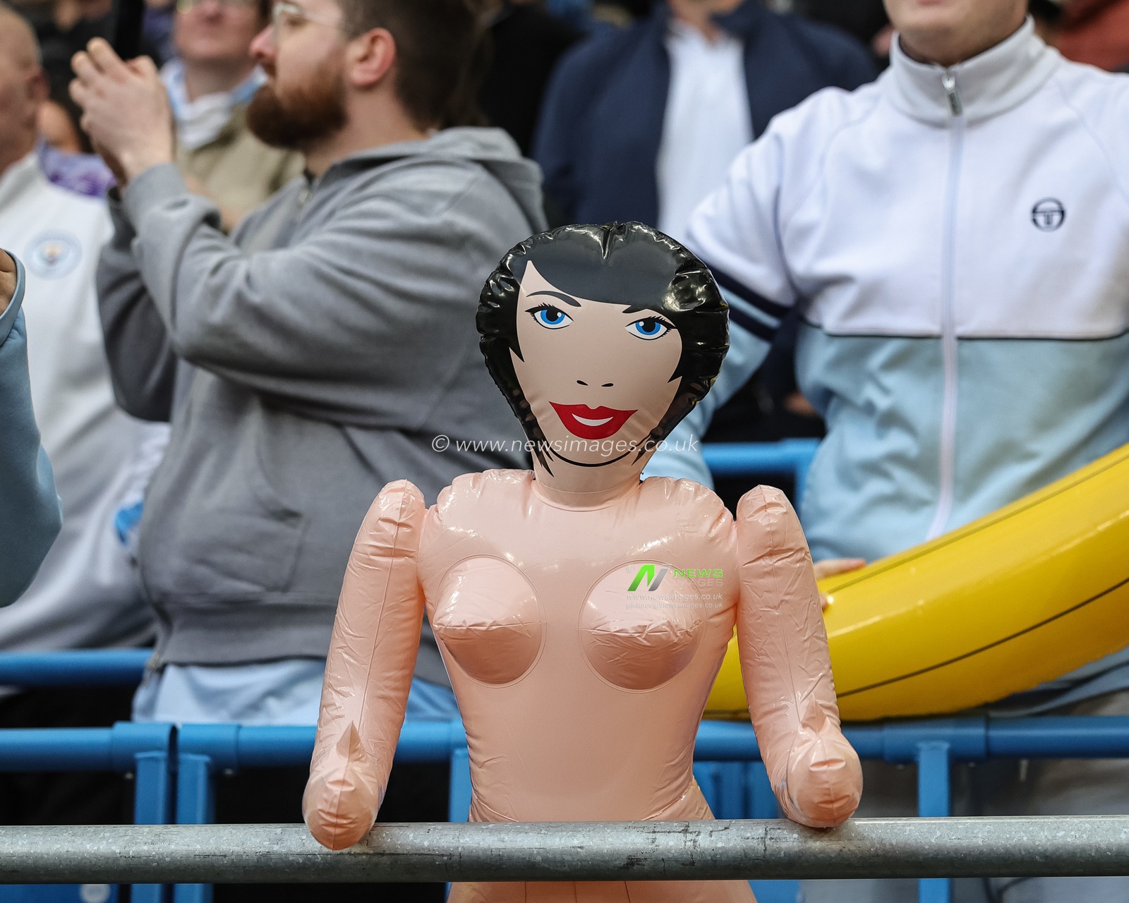 EDITOR’S NOTE: Image contains an adult-themed novelty item.

An inflatable adult novelty doll is displayed in the stands during the Premier League match between Manchester City and Ipswich Town at the Etihad Stadium, Manchester, United Kingdom, on 17 October 2026.

(Photo by Mark Cosgrove/News Images)