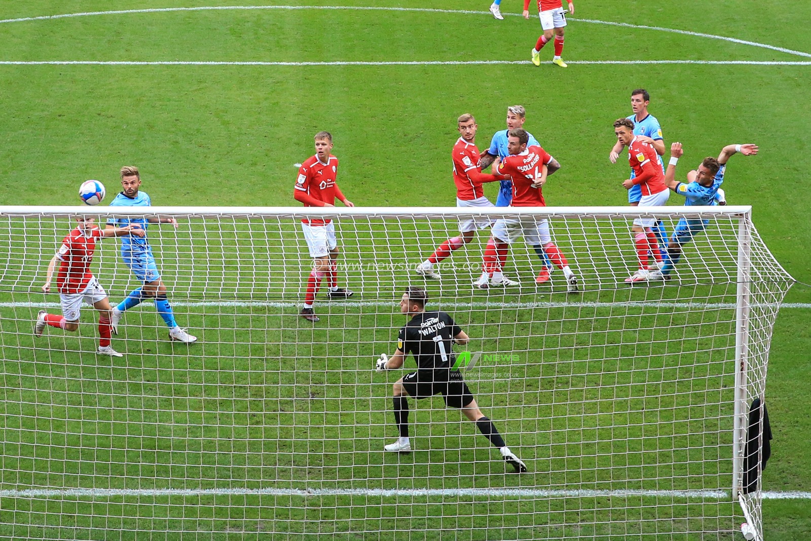 Leo Ostigard (on loan from Brighton & Hove Albion) (2) of Coventry City sees his header on goal just miss the net