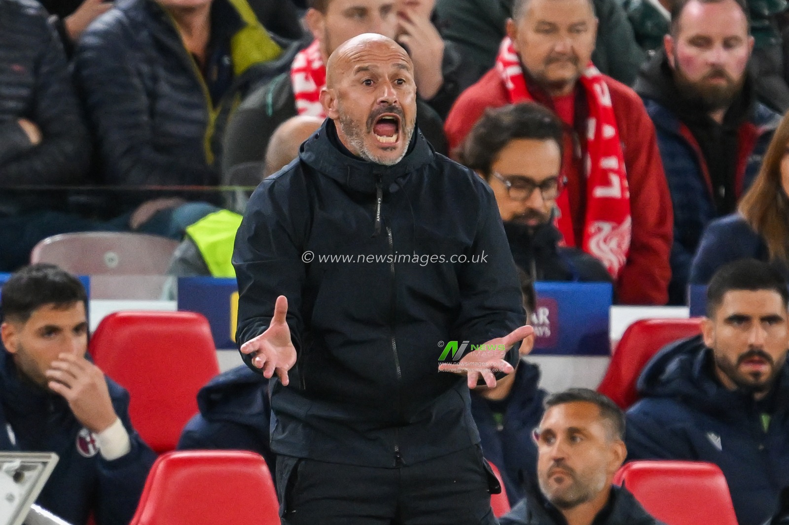 Vincenzo Italiano of Bologna reacts during the UEFA Champions League  - League Stage match Liverpool vs Bologna at Anfield, Liverpool, United Kingdom, 2nd October 2024

(Photo by Craig Thomas/News Images)