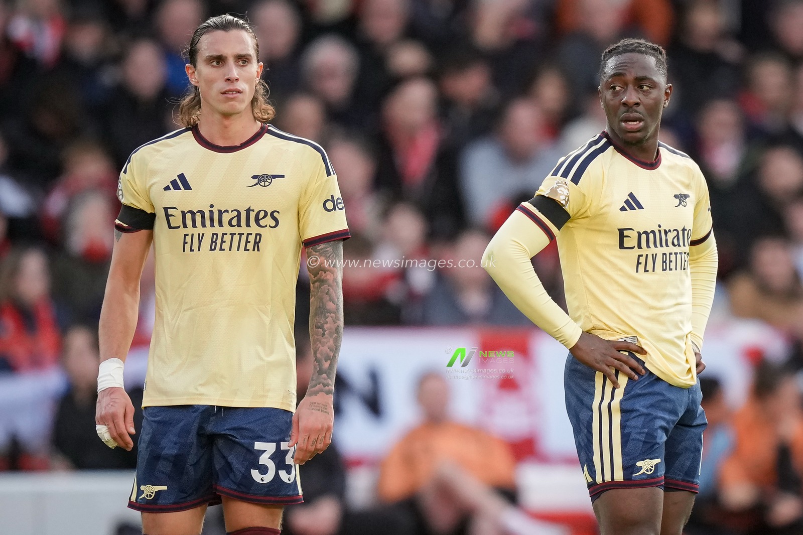 Riccardo Calafiori of Arsenal and Bukayo Saka of Arsenal during the Premier League match Nottingham Forest vs Arsenal at City Ground, Nottingham, United Kingdom on 18 October 2026

(Photo by Maynard Manyowa/News Images)