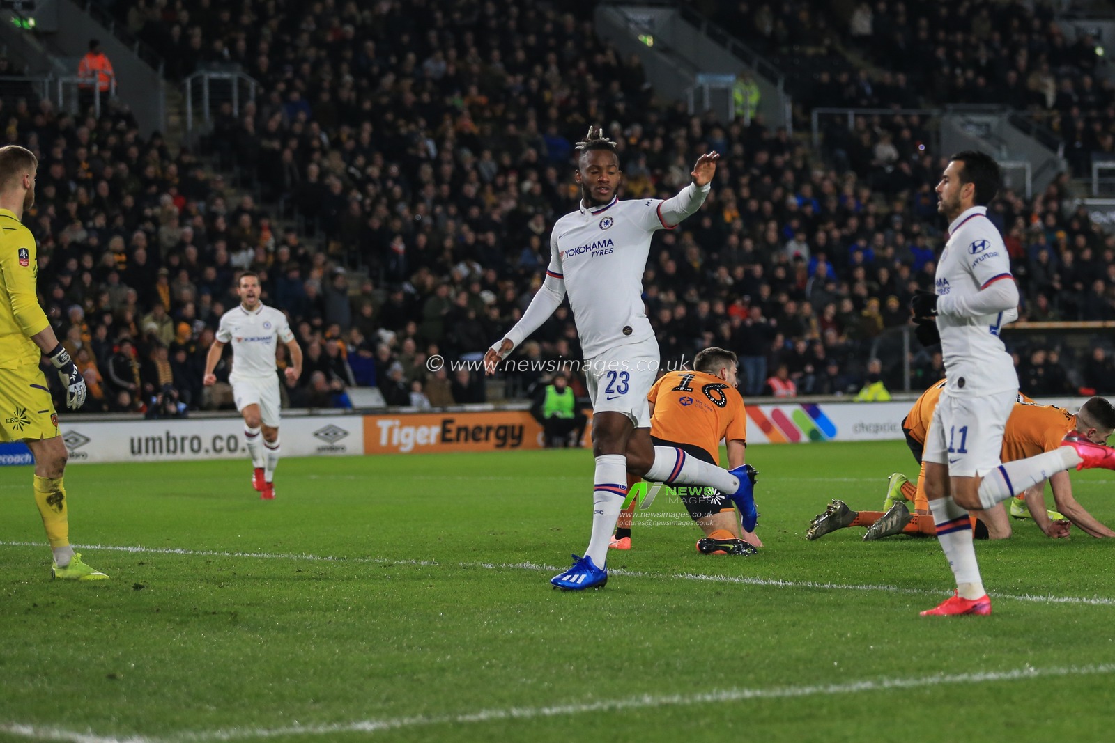 25th January 2020, KC Stadium, Kingston upon Hull, England; Emirates FA Cup, Hull City v Chelsea : Michy Batshuayi (23) of Chelsea celebrates his goal to make it 1-0