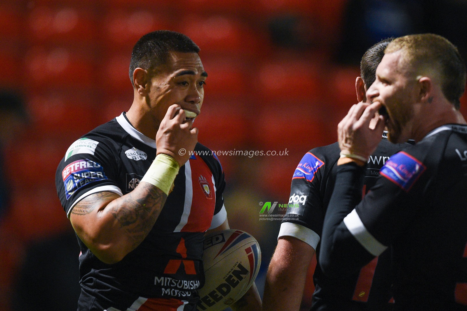 29th August 2019 ,  AJ Bell Stadium, Salford, England;  Betfred Super League Rugby, Round 27, Salford Red Devils vs Warrington Wolves ; Ken Sio (23) of Salford Red celebrates his 2nd try

Credit: Richard Long/News Images