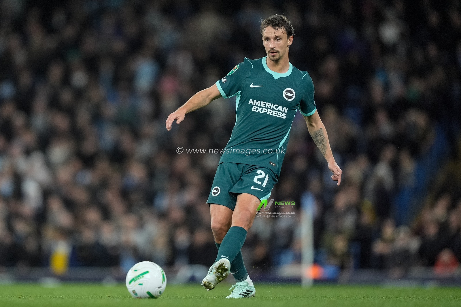 Olivier Boscagli of Brighton & Hove Albion with the ball during the Carabao Cup Last 16 match Manchester City vs Brighton & Hove Albion at Etihad Stadium, Manchester, United Kingdom on 28 October 2026

(Photo by Maynard Manyowa/News Images)