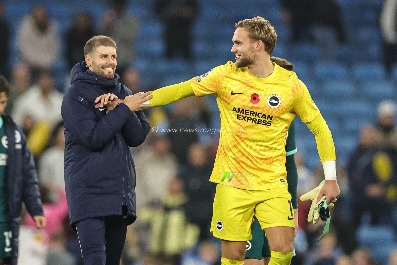 Fabian Hurzeler manager of Brighton & Hove Albion and Olivier Boscagli of Brighton & Hove Albion celebrate their 0-1 win during the Premier League match Manchester City vs Brighton & Hove Albion at Etihad Stadium, Manchester, United Kingdom on 31 October 2026

(Photo by Mark Cosgrove/News Images)
