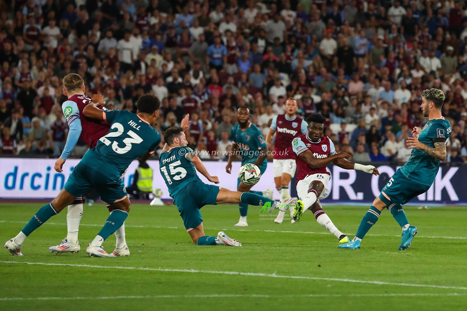 Mohammed Kudus of West Ham United shoots on goal during the Carabao Cup match West Ham United vs Bournemouth at London Stadium, London, United Kingdom, 28th August 2024

(Photo by Izzy Poles/News Images)