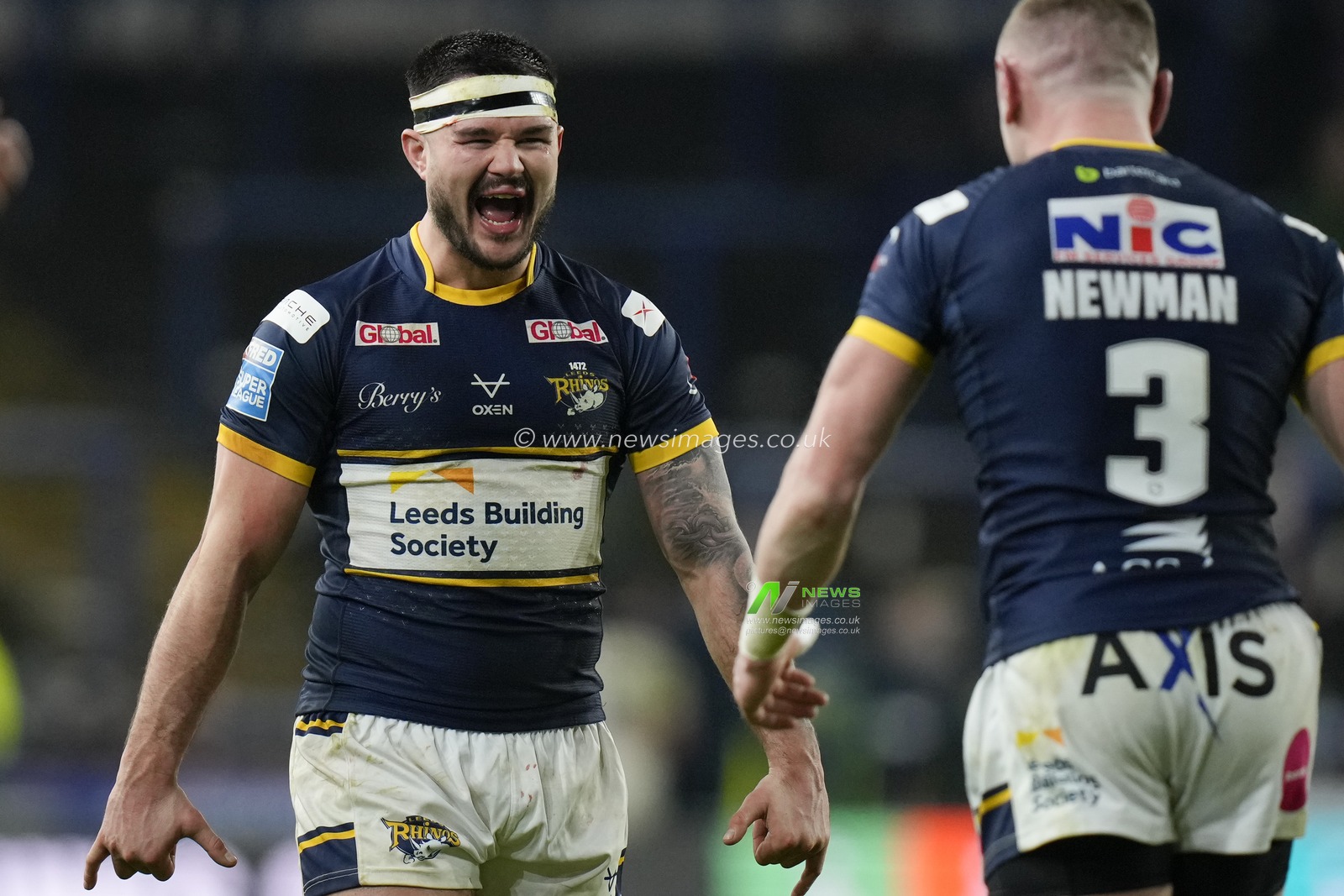 James Bentley #11 of Leeds Rhinos celebrates with Harry Newman #3 of Leeds Rhinos after winning the Betfred Super League Round 4 match Leeds Rhinos vs Wakefield Trinity at Headingley Stadium, Leeds, United Kingdom, 10th March 2023

(Photo by Steve Flynn/News Images)
