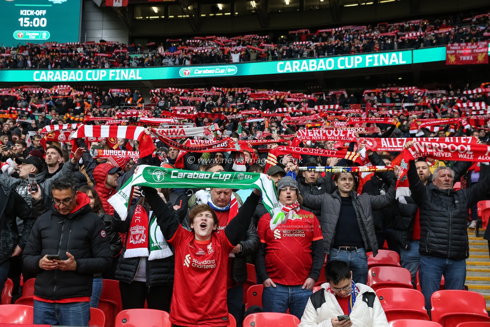 Liverpool fans sing You'll Never Walk Alone as they hold their scarfs above their heads during the Carabao Cup Final match Chelsea vs Liverpool at Wembley Stadium, London, United Kingdom, 25th February 2024

(Photo by Gareth Evans/News Images)