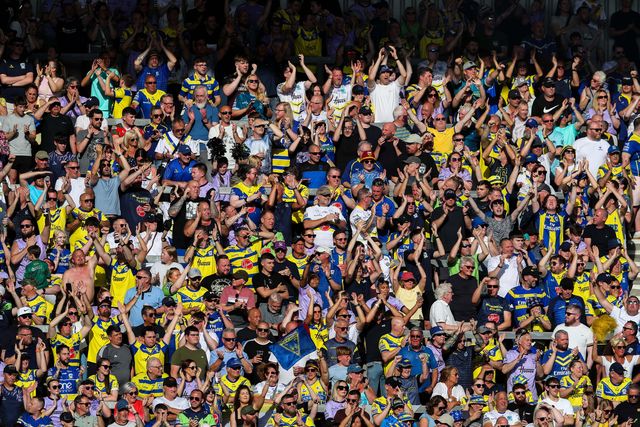 Warrington Wolves fans during the Betfred Challenge Cup Semi-final match Warrington Wolves vs Leigh Leopards at Totally Wicked Stadium, St Helens, United Kingdom, 11th May 2025

(Photo by Gareth Evans/News Images)