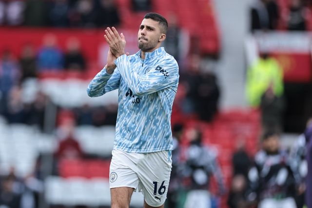 Rodrigo of Manchester City applauds the fans in the pregame warmup session during the Premier League match Manchester United vs Manchester City at Old Trafford, Manchester, United Kingdom, 17th January 2026

(Photo by Mark Cosgrove/News Images)