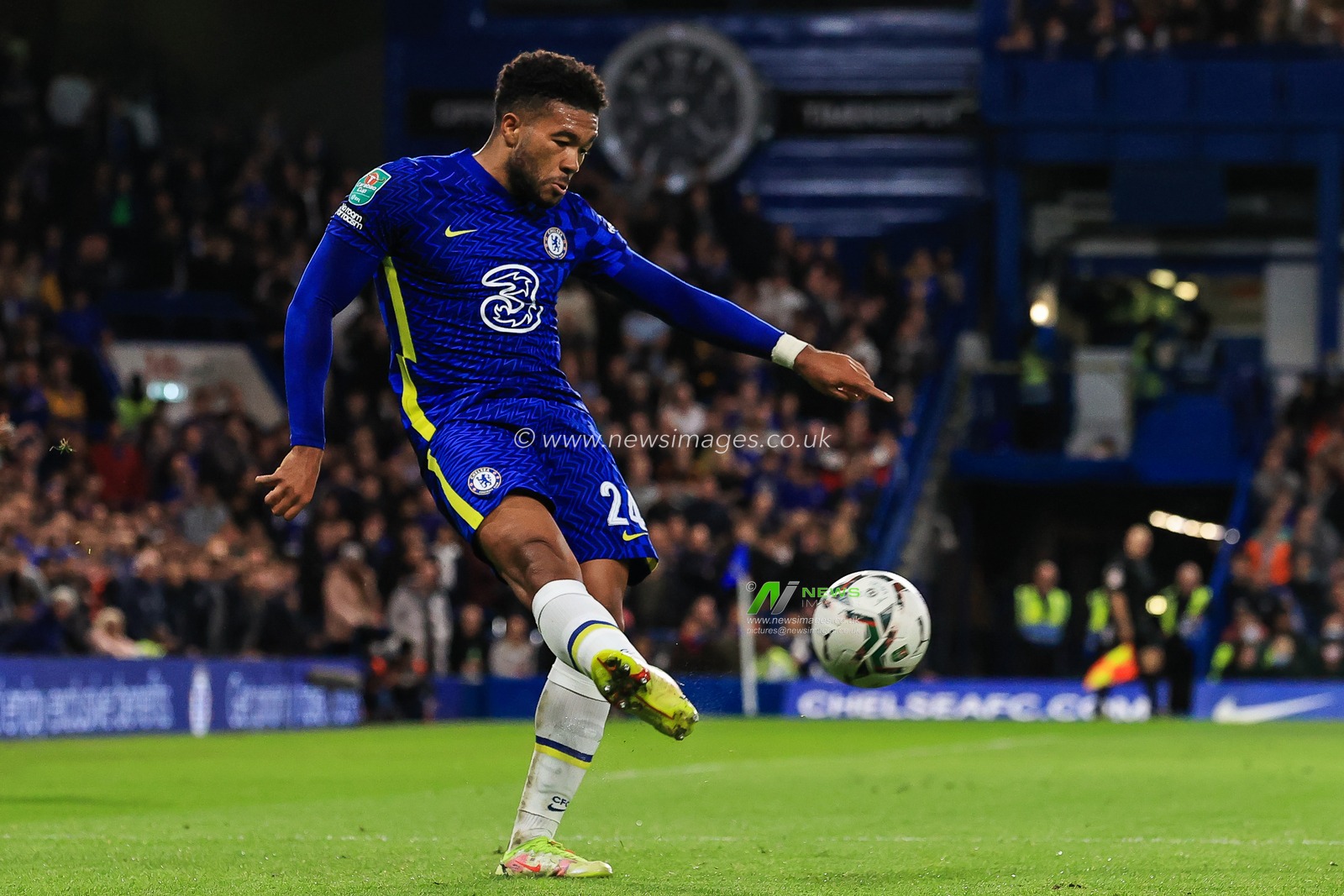 Reece James #24 of Chelsea clears the ball up field