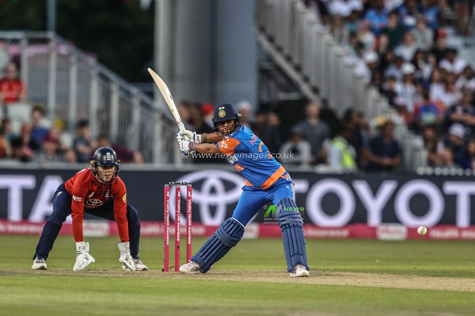 Harmanpreet Kaur of India plays a shot during the 4th Vitality IT20 England Women vs India Women at Old Trafford, Manchester, United Kingdom, 9th July 2025

(Photo by Alfie Cosgrove/News Images)