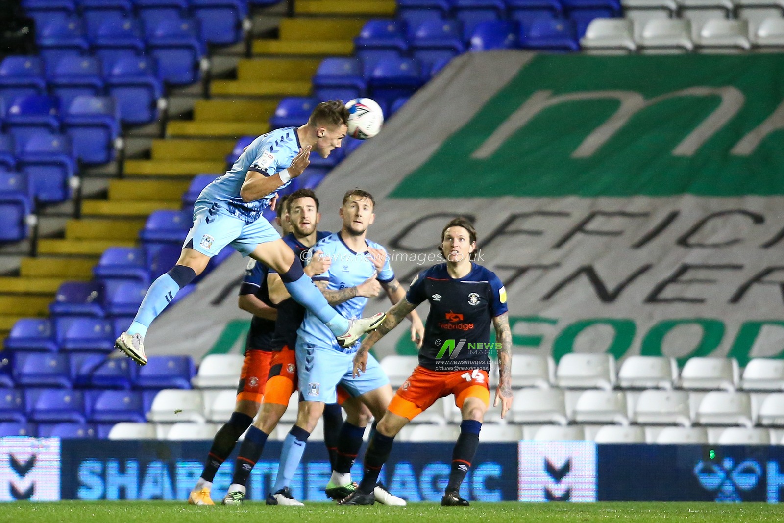 Leo Ostigard #2 of Coventry City heads a shot at goal from a corner