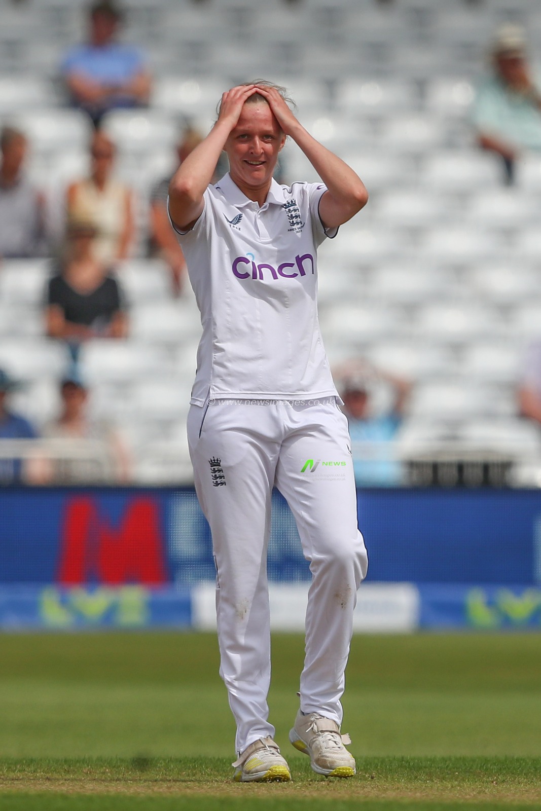 Lauren Filer of England reacts during the Metro Bank Women's Ashes 2023 match Day 2 England vs Australia at Trent Bridge, Nottingham, United Kingdom, 23rd June 2023

(Photo by Gareth Evans/News Images)