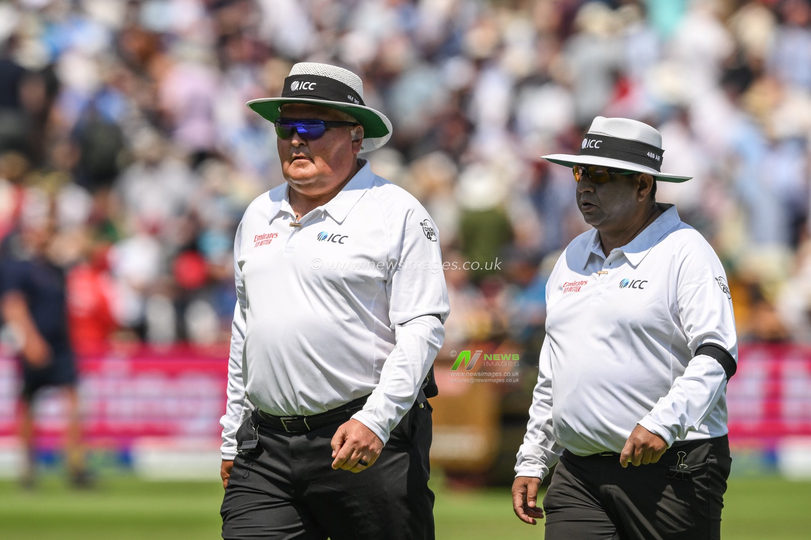 Umpires Ahsan Raza and Marais Erasmus leave the field for lunch  during the LV= Insurance Ashes First Test Series Day 1 England vs Australia at Edgbaston, Birmingham, United Kingdom, 16th June 2023

(Photo by Craig Thomas/News Images)