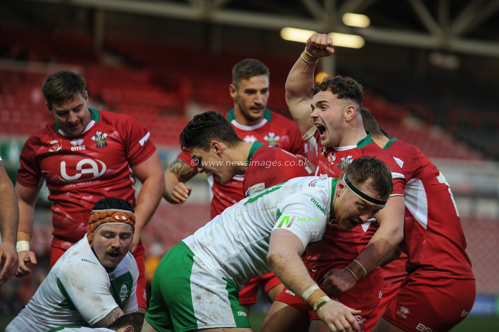 11th November 2018 , Racecourse Ground,  Wrexham, Wales ; Rugby League World Cup Qualifier, Wales v Ireland ; Connor Davies of Wales (and Halifax) celebrates Ben Evans try


Credit:   Richard Long/News Images