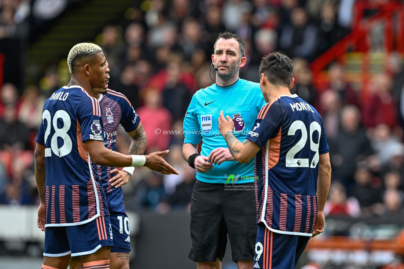 Gonzalo Montiel of Nottingham Forest speaks to referee Chris Kavanagh after he gives a penalty to Sheffield United during the Premier League match Sheffield United vs Nottingham Forest at Bramall Lane, Sheffield, United Kingdom, 4th May 2024

(Photo by Cody Froggatt/News Images)