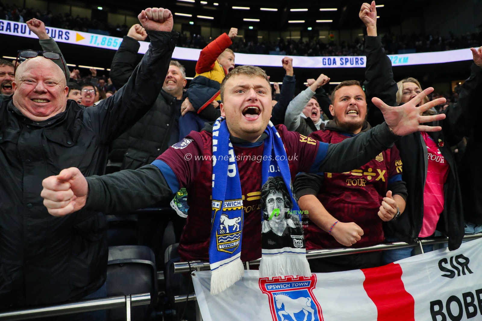 Ipswich Town fans celebrate after the teams first premier league win this season following the Premier League match Tottenham Hotspur vs Ipswich Town at Tottenham Hotspur Stadium, London, United Kingdom, 10th November 2024

(Photo by Izzy Poles/News Images)
