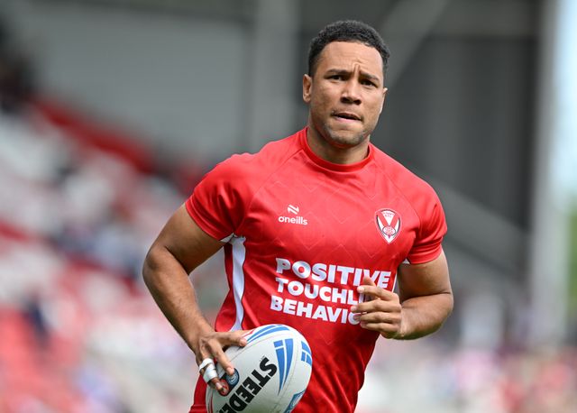 Moses Mbye of St. Helens warms up ahead of the Betfred Super League Round 23 match St Helens vs Hull KR at Totally Wicked Stadium, St Helens, United Kingdom, 24th August 2024

(Photo by Cody Froggatt/News Images)