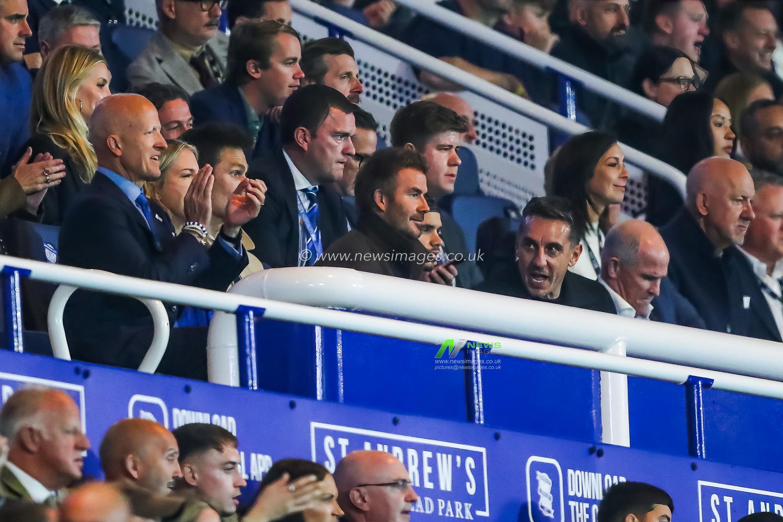 David Beckham and Gary Neville in the stand during the Sky Bet League 1 match Birmingham City vs Wrexham at St. Andrew's @ Knighthead Park, Birmingham, United Kingdom, 16th September 2024

(Photo by Gareth Evans/News Images)