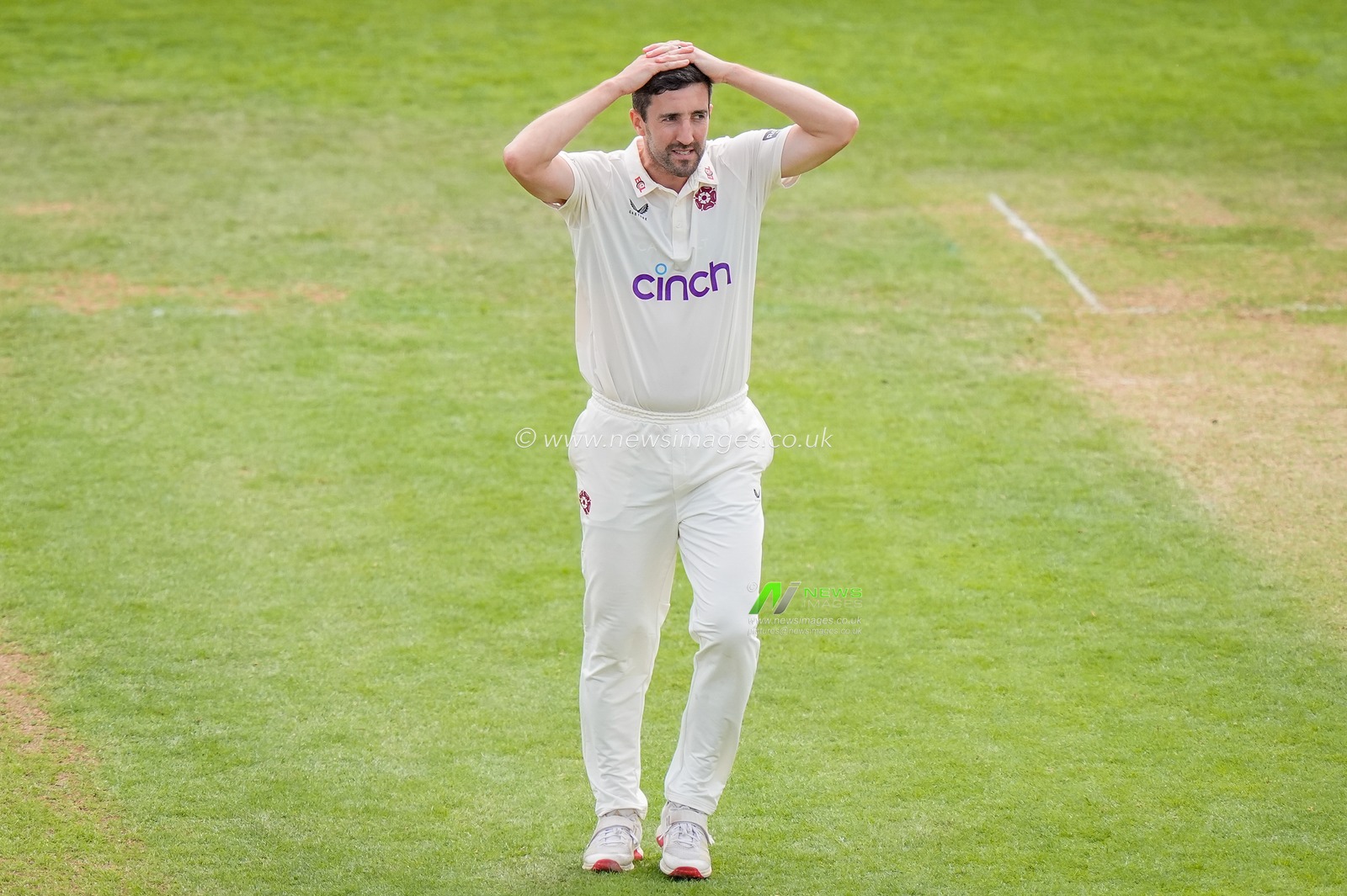 Ben Sanderson reacts to a missed catch during the County Championship Division Two Derbyshire vs Northamptonshire day one match at The Central Co-Op County Ground, Derby, United Kingdom on 08 May 2026

(Photo by Maynard Manyowa/News Images)