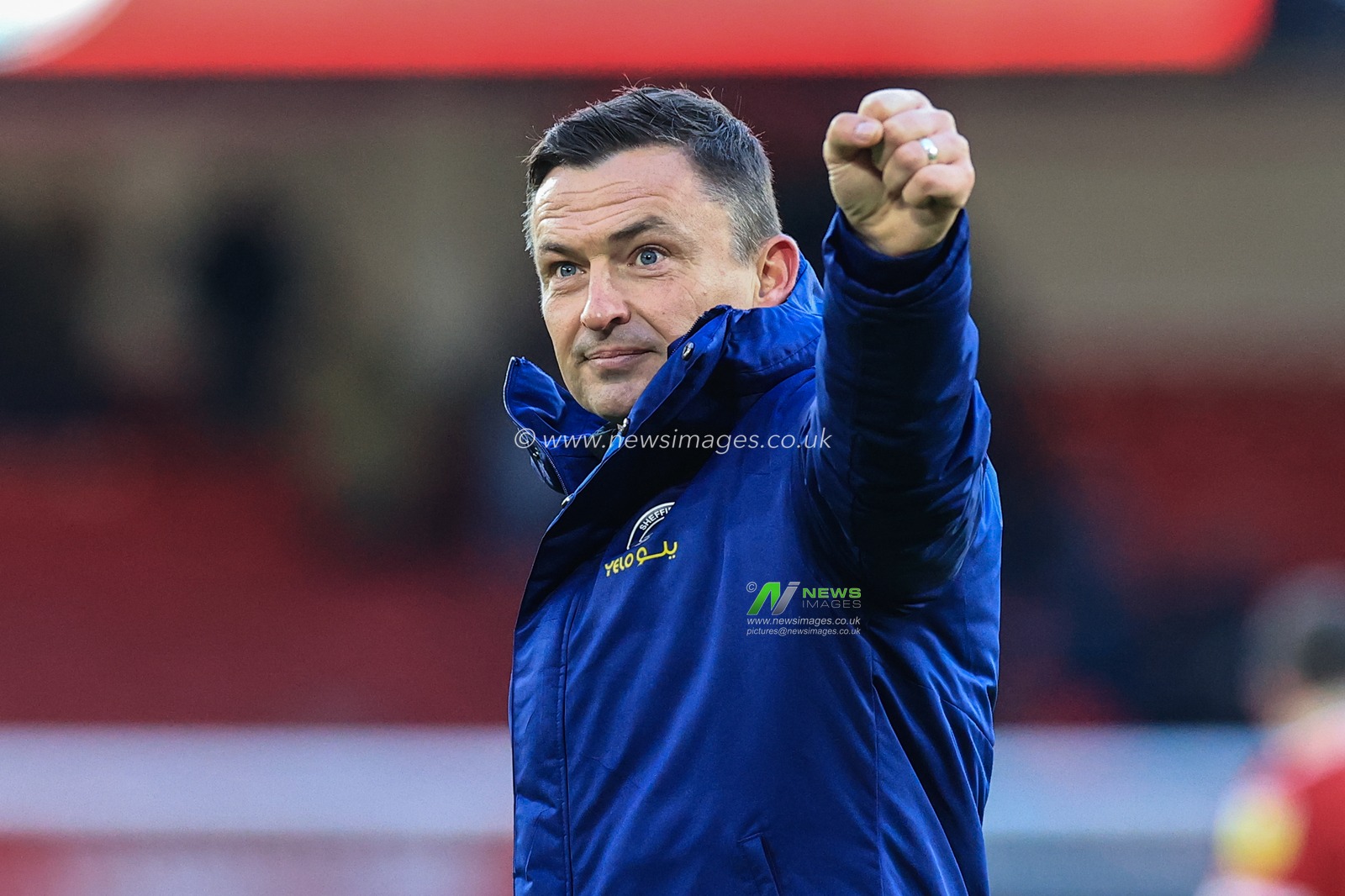 Paul Heckingbottom manager of Sheffield United celebrates Unitedâ€™s 4-0 win with the fans