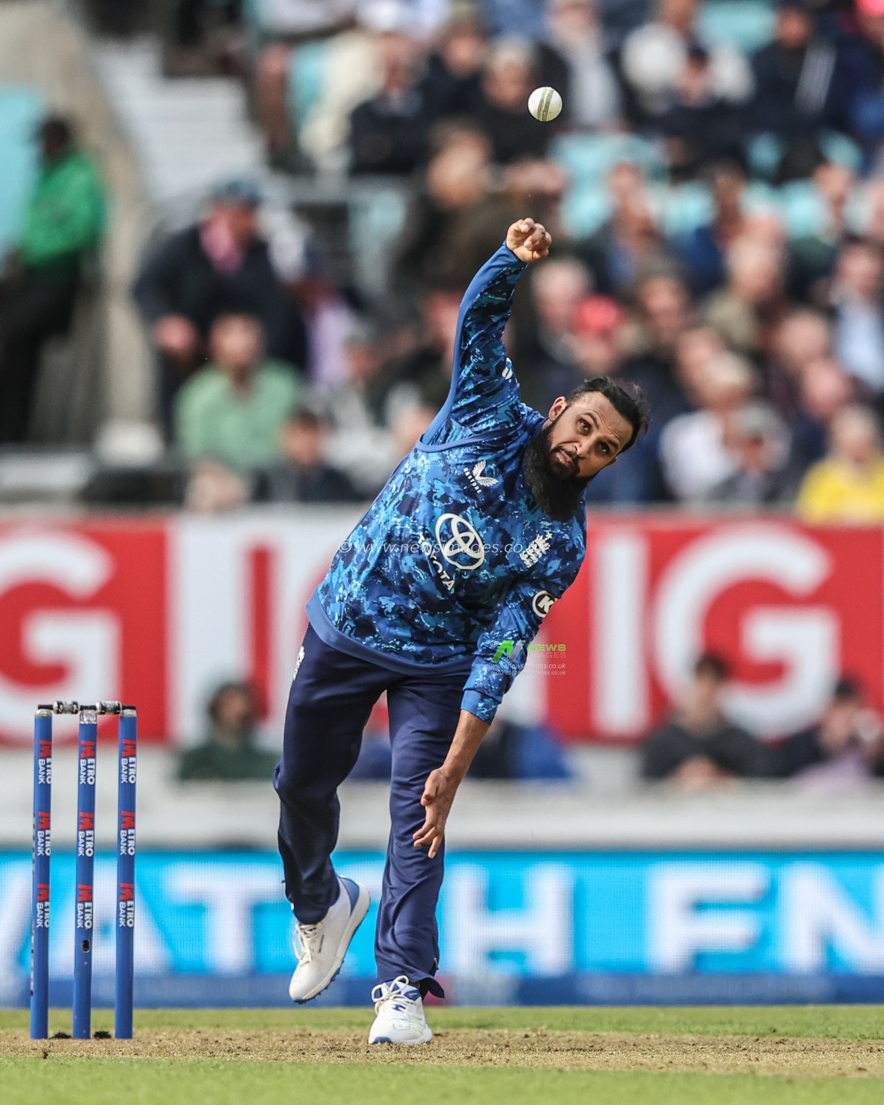 Adil Rashid of England delivers the ball during the 3rd Metro Bank ODI England v West Indies at The Kia Oval, London, United Kingdom, 3rd June 2025

(Photo by Alfie Cosgrove/News Images)