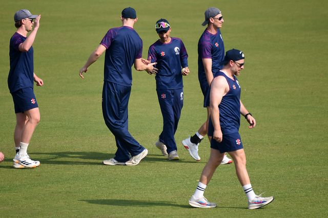 Mark Watt,Zainullah Ihsan and Oliver Davidson of Scotland cricketers participates in a pre-match day training session ahead of the ICC Men's T20 World Cup 2026 cricket match against West Indies, in Kolkata, Friday, Feb. 6, 2026.Photo by Debajyoti Chakraborty.
