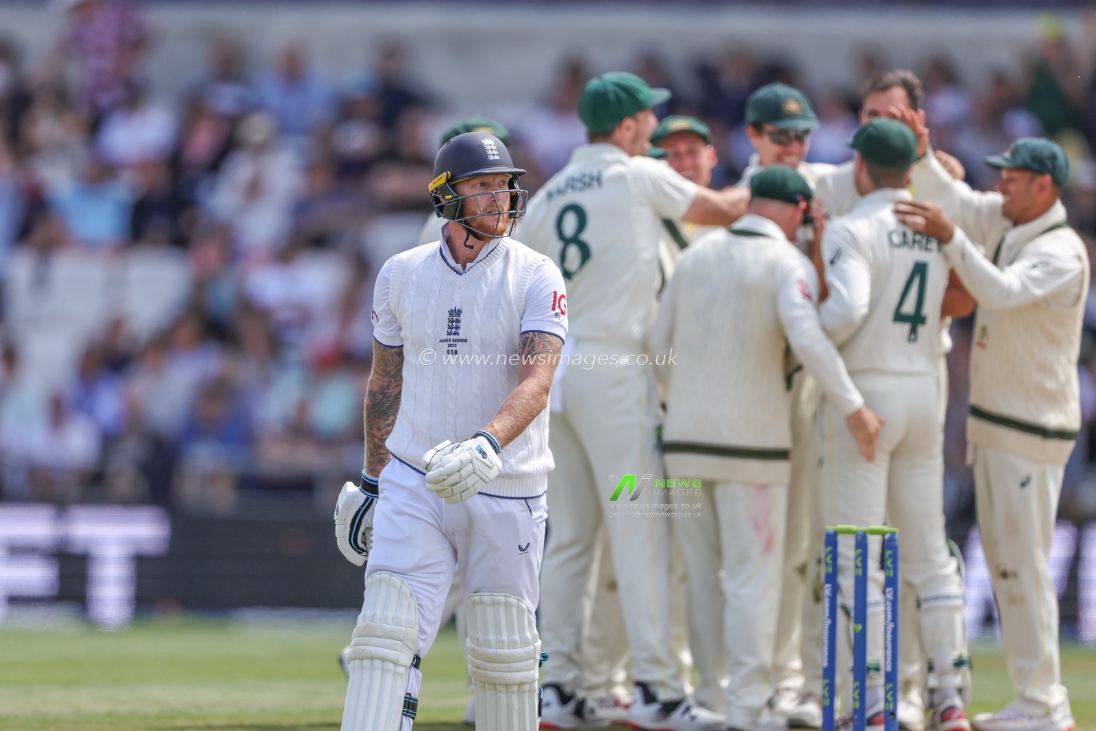 A dejected Ben Stokes of England leaves the field of play after being caught out by Alex Carey of Australia during the LV= Insurance Ashes Third Test Series Day 4 England vs Australia at Headingley Stadium, Leeds, United Kingdom, 9th July 2023

(Photo by Mark Cosgrove/News Images)