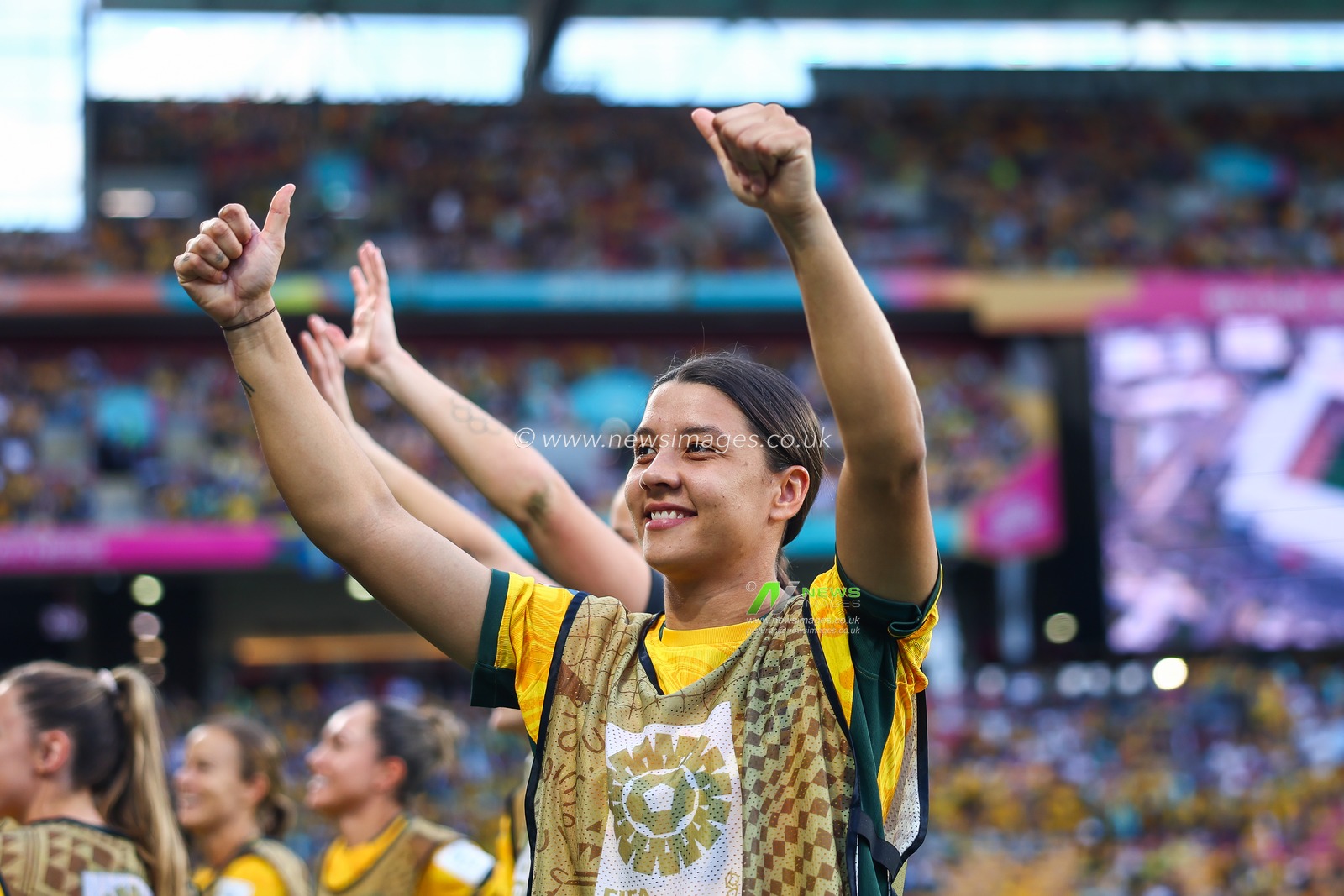 Sam Kerr #20 of Australia waves to fans ahead of the FIFA Women's World Cup 2023 Quarter-Final match Australia Women vs France Women at Suncorp Stadium, Brisbane, Australia, 12th August 2023

(Photo by Patrick Hoelscher/News Images)
