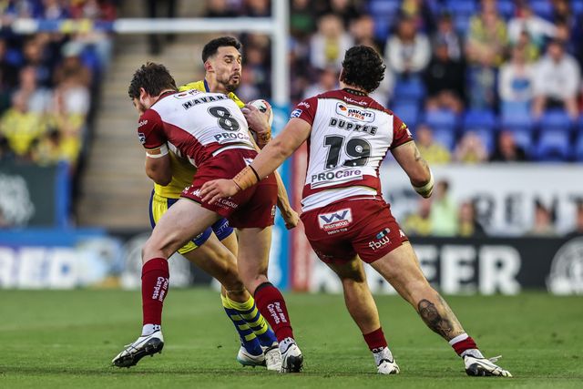 Ryan Matterson of Warrington Wolves is tackled during the Betfred Super League round 21 match Warrington Wolves vs Wigan Warriors at Halliwell Jones Stadium, Warrington, United Kingdom, 8th August 2025

(Photo by Alfie Cosgrove/News Images)