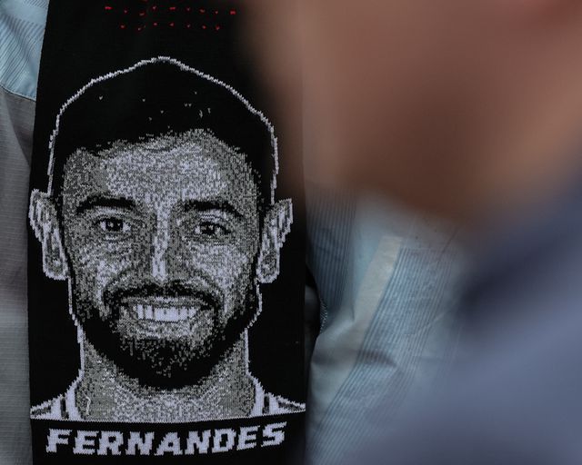 A Bruno Fernandes of Manchester United scarf during the Premier League match Manchester United vs Liverpool at Old Trafford, Manchester, United Kingdom on 03 May 2026

(Photo by Mark Cosgrove/News Images)